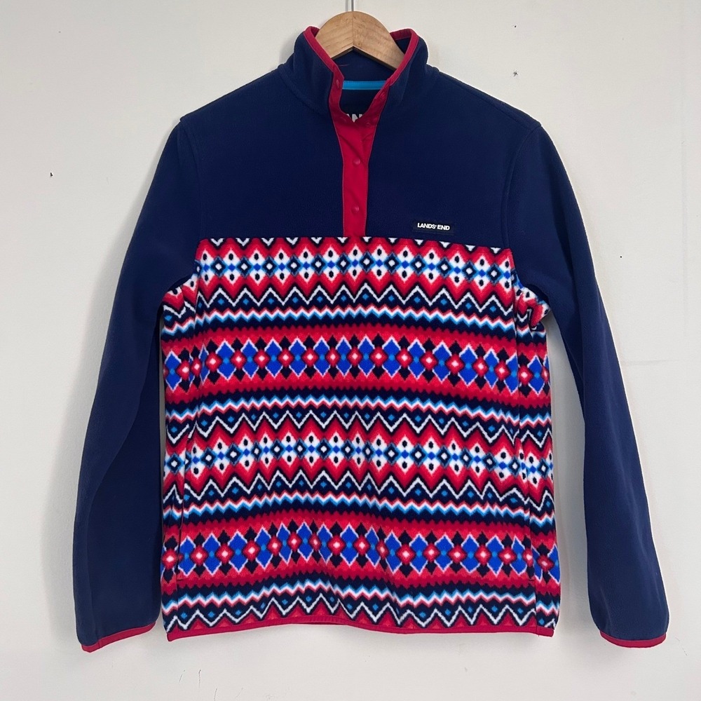 Lands End Fleece Pullover Kids S 6-8 Blue Red Fair Isle Snap Neck‎ Sweatshirt